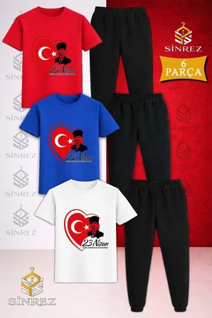 Çocuk ATA KALP 23 NISAN Baskılı 3Lü Tişort Eşofman Takımı