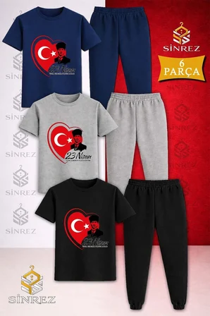 Çocuk ATA KALP 23 NISAN Baskılı 3Lü Tişort Eşofman Takımı