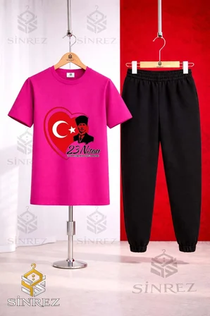 Çocuk ATA KALP 23 NISAN Baskılı 3Lü Tişort Eşofman Takımı