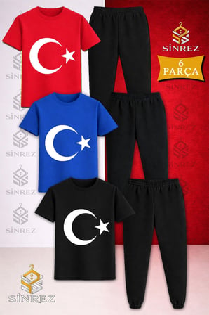 Çocuk AY YILDIZ BEYAZ Baskılı 3Lü Tişort Eşofman Takımı