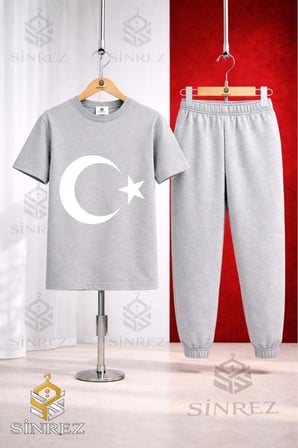 Çocuk AY YILDIZ BEYAZ Baskılı 3Lü Tişort Eşofman Takımı