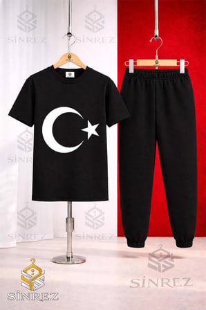 Çocuk AY YILDIZ BEYAZ Baskılı 3Lü Tişort Eşofman Takımı