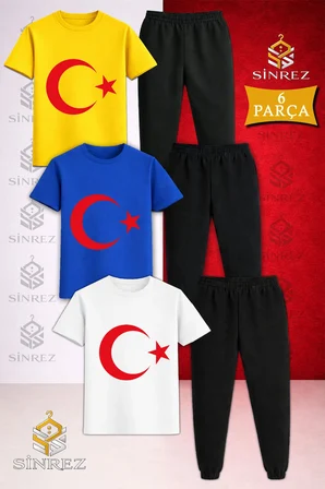 Çocuk AY YILDIZ KIRMIZI Baskılı 3Lü Tişort Eşofman Takımı