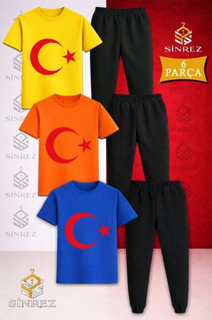 Çocuk AY YILDIZ KIRMIZI Baskılı 3Lü Tişort Eşofman Takımı