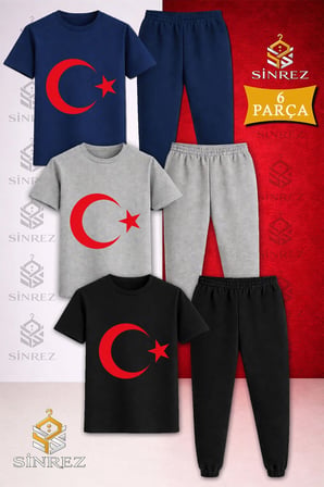Çocuk AY YILDIZ KIRMIZI Baskılı 3Lü Tişort Eşofman Takımı
