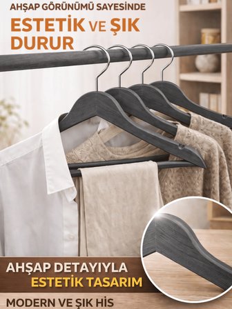 Beylini 3'lu Ahşap Görünümlü Plastik Askılık Yetişkin Kıyafetleri İçin Dayanıklı Elbise Gömlek Kancalı Askı