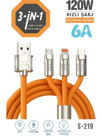 120W 3’ü 1 Arada Hızlı Şarj Kablosu | 6A Akım – Type-C, Lightning, Micro USB Uyumlu – LED Gösterge, Dayanıklı Çinko Alaşım