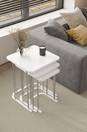 3' Lü Kare Zigon Sehpa Gümüş Ayak Beyaz 18 mm Mdf  