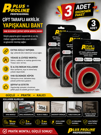 ( 3 ADET ) Plus Proline 16 mm 2 Metre | EKONOMİK PAKET | Çift Taraflı Akrilik Vhb Şeffaf Köpük Montaj Bandı | Silikonize Çift Taraflı Bant  | Güçlü Yapıştırıcı | Iç & Dış Mekan