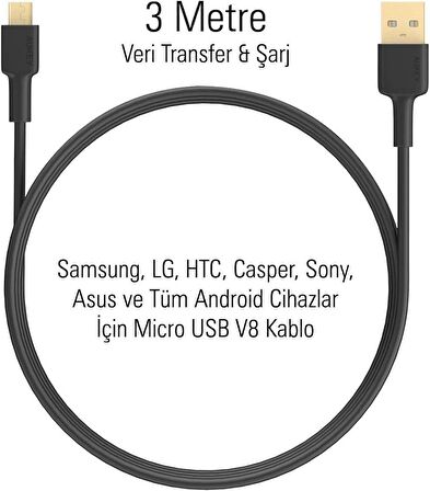 BLUE İNTER 3 Metre Micro USB Şarj Kablosu. Samsung, LG, HTC, Casper, Sony, Asus ve Tüm Android Cihazlar