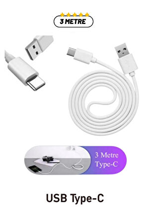 QASUL Samsung Xiaomi Huawei Oppo Uyumlu3 Metre TYP-C - USB Şarj Kablosu Uzun Şarj KABLOSU