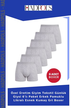 Özel Üretim Giyim Tekstil Günlük Giysi 6'lı Paket Erkek Pamuklu Likralı Esnek Kumaş Gri Boxer