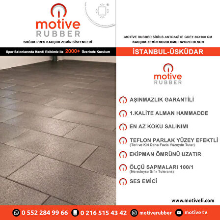 Motive Rubber Soğuk Pres Sirius Antracite Grey 50x100 cm 2 cm Profesyonel Aşınmazlık Garantili Soğuk Pres Kauçuk Zemin 1 Adet