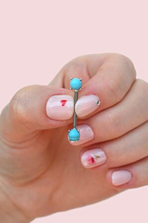 Mavi Firuze Taşlı Çelik Nipple Piercingi Mavi Taşlı Göğüs Piercingi
