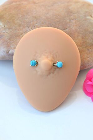 Mavi Firuze Taşlı Çelik Nipple Piercingi Mavi Taşlı Göğüs Piercingi