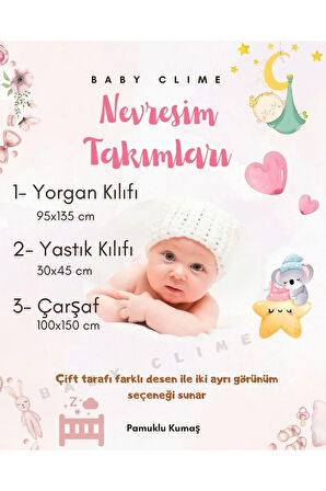 Çift Taraflı Bebek Nevresimi - 95x135 Yorgan Kılıfı, Yastık Kılıfı Ve Beyaz Çarşaf Seti