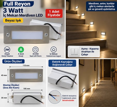3 Watt, Sensörsüz Beyaz Işık Ledli İç Çok Kaliteli Mekan Merdiven, Antre, Hol Aydınlatma Armatürü