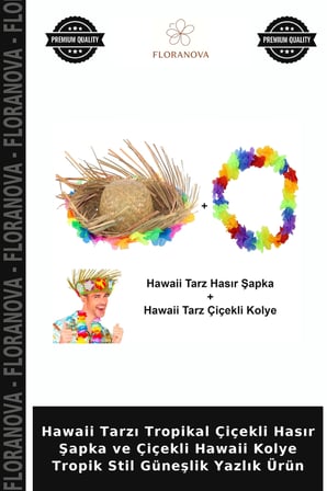 Hawaii Tarzı Tropikal Çiçekli Hasır Şapka ve Çiçekli Hawaii Kolye Tropik Stil Güneşlik Yazlık Ürün