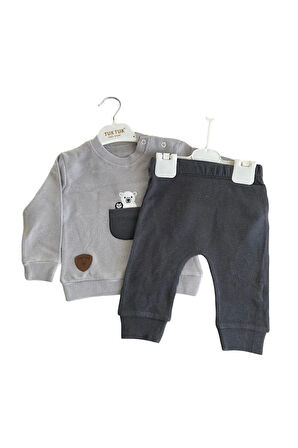 Cepte Ayı Nakışlı %100 Pamuk Gri Erkek Çocuk Takım 32238