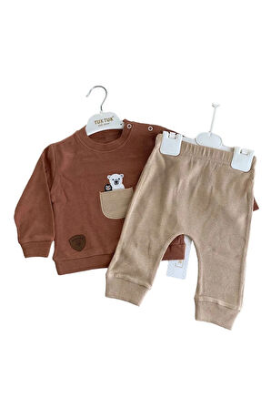 Cepte Ayı Nakışlı %100 Pamuk Kahverengi Erkek Çocuk Takım 32238