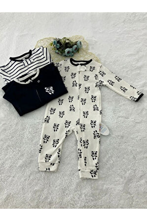 %100 Pamuk Korumalı Fermuarlı Panda Baskılı 3lü Tulum 6-18 Ay 577