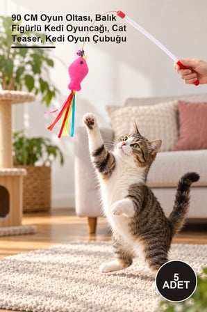 5 Adet Balıklı Kedi Oltası – 90 CM Oyun Oltası, Balık Figürlü Kedi Oyuncağı, Cat Teaser, Kedi Oyun Çubuğu