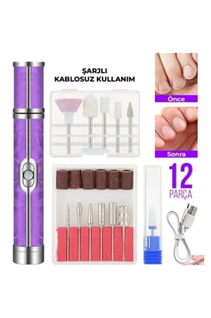 2 Adet Şarjlı Tırnak Bakım Cihazı – Manikür Pedikür Seti, Kablosuz USB Şarj, 12 Başlık, Mor Mermer, Nail Care