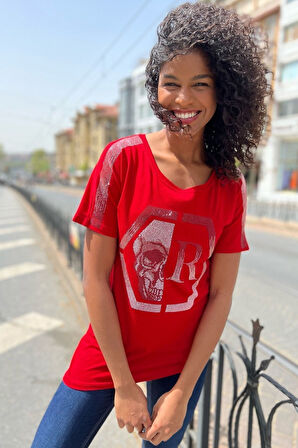 Crystal Kurukafa Desen Taşlı Pamuk Uzun Beyaz Rahat Kadın T-shirt