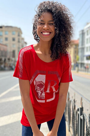 Crystal Kurukafa Desen Taşlı Pamuk Uzun Beyaz Rahat Kadın T-shirt