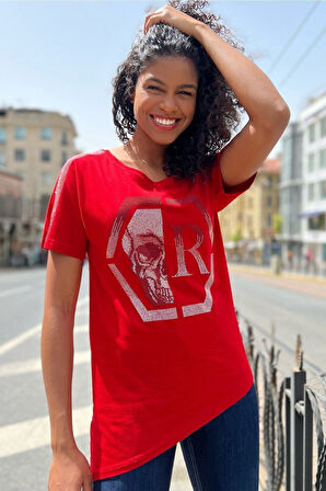 Crystal Kurukafa Desen Taşlı Pamuk Uzun Beyaz Rahat Kadın T-shirt