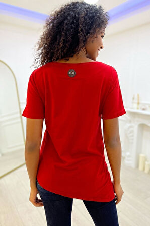 Crystal Kurukafa Desen Taşlı Pamuk Uzun Beyaz Rahat Kadın T-shirt