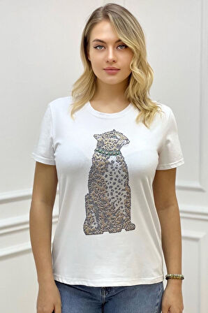 Kaplan Crystal Taşlı Büyük Beden Regular Fit Plus Size Beyaz Şık Kadın T-shirt