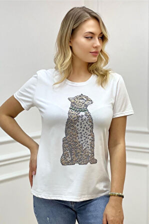 Kaplan Crystal Taşlı Büyük Beden Regular Fit Plus Size Beyaz Şık Kadın T-shirt