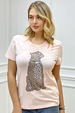 Kaplan Crystal Taşlı Büyük Beden Regular Fit Plus Size Beyaz Şık Kadın T-shirt
