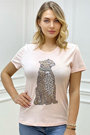 Kaplan Crystal Taşlı Büyük Beden Regular Fit Plus Size Beyaz Şık Kadın T-shirt