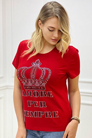 Büyük Beden Taç Desen Yazılı Crystal Taşlı Plus Size Şık Rahat Kırmızı Kadın Kısa Kol T-shirt