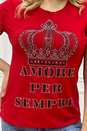 Büyük Beden Taç Desen Yazılı Crystal Taşlı Plus Size Şık Rahat Kırmızı Kadın Kısa Kol T-shirt