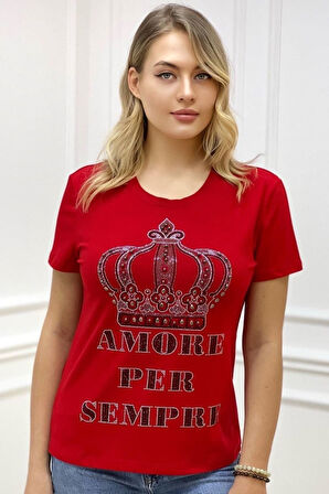 Büyük Beden Taç Desen Yazılı Crystal Taşlı Plus Size Şık Rahat Kırmızı Kadın Kısa Kol T-shirt