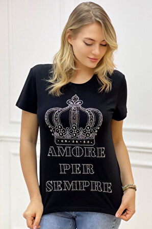 Büyük Beden Taç Desen Yazılı Crystal Taşlı Plus Size Şık Rahat Kırmızı Kadın Kısa Kol T-shirt