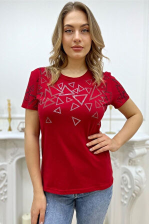 Büyük Beden Bisiklet Yaka Geometrik Desenli Crystal Taşlı Kısa Kol Şık Pamuk Kırmızı Kadın T-shirt