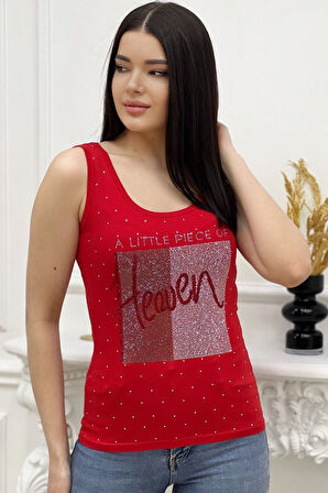 Heaven Crystal Taş Baskılı Dar Kesim / Slim Fit Pamuk Kadın Şık Atlet Kalın Askılı Kolsuz T-shirt