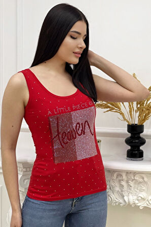 Heaven Crystal Taş Baskılı Dar Kesim / Slim Fit Pamuk Kadın Şık Atlet Kalın Askılı Kolsuz T-shirt