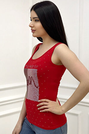 Heaven Crystal Taş Baskılı Dar Kesim / Slim Fit Pamuk Kadın Şık Atlet Kalın Askılı Kolsuz T-shirt