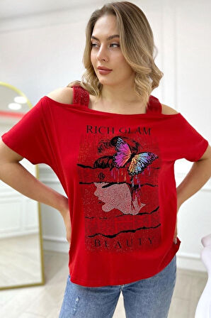Büyük Beden Siyah Omuzları Açık Baskılı Crystal Taşlı Pamuk Kadın T-shirt