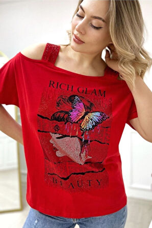 Büyük Beden Siyah Omuzları Açık Baskılı Crystal Taşlı Pamuk Kadın T-shirt