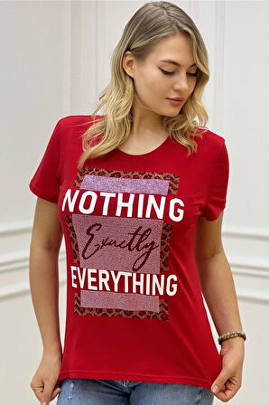 Büyük Beden Premium Pamuk Yazılı Crystal Taş Baskılı Bisiklet Yaka Rahat Şık Kadın T-shirt
