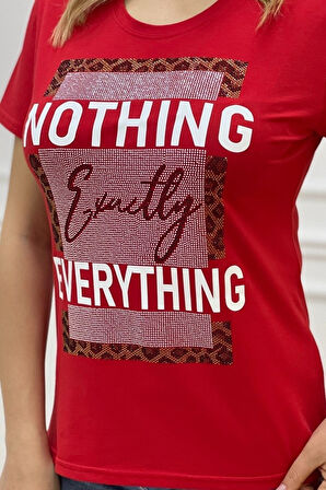 Büyük Beden Premium Pamuk Yazılı Crystal Taş Baskılı Bisiklet Yaka Rahat Şık Kadın T-shirt