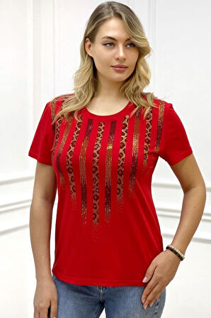 Leopar Crystal Taşlı Kısa Kol Bisiklet Yaka Büyük Beden Plus Size Pamuk Beyaz Kadın T-shirt