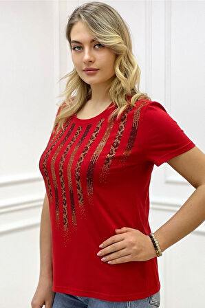 Leopar Crystal Taşlı Kısa Kol Bisiklet Yaka Büyük Beden Plus Size Pamuk Beyaz Kadın T-shirt