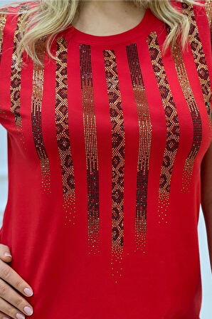 Leopar Crystal Taşlı Kısa Kol Bisiklet Yaka Büyük Beden Plus Size Pamuk Beyaz Kadın T-shirt